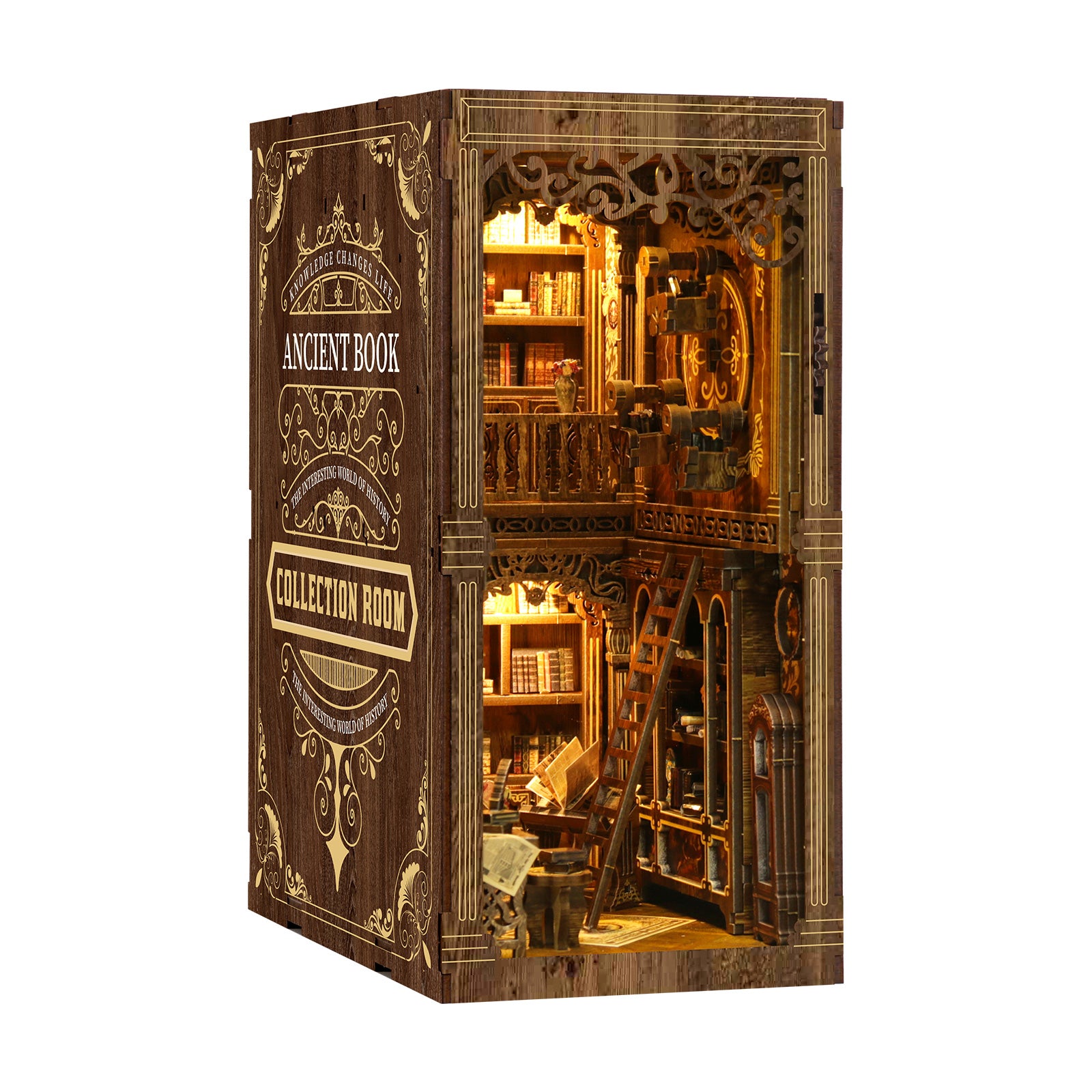The Antiquarian Library Book Nook Kit illuminated two-story miniature library by Sonoria Box