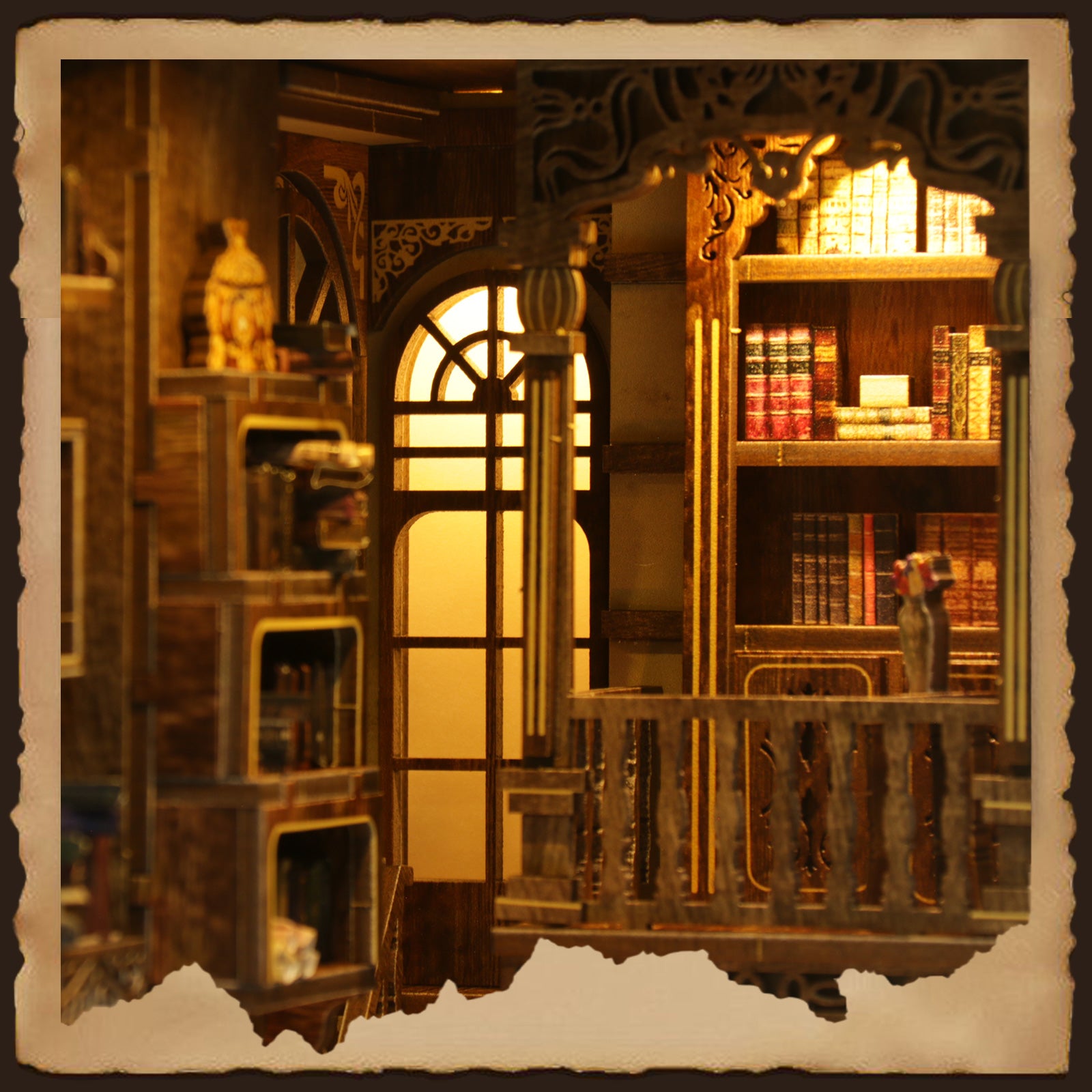 Miniature antique bookshelves filled with leather-bound books and rolled manuscripts