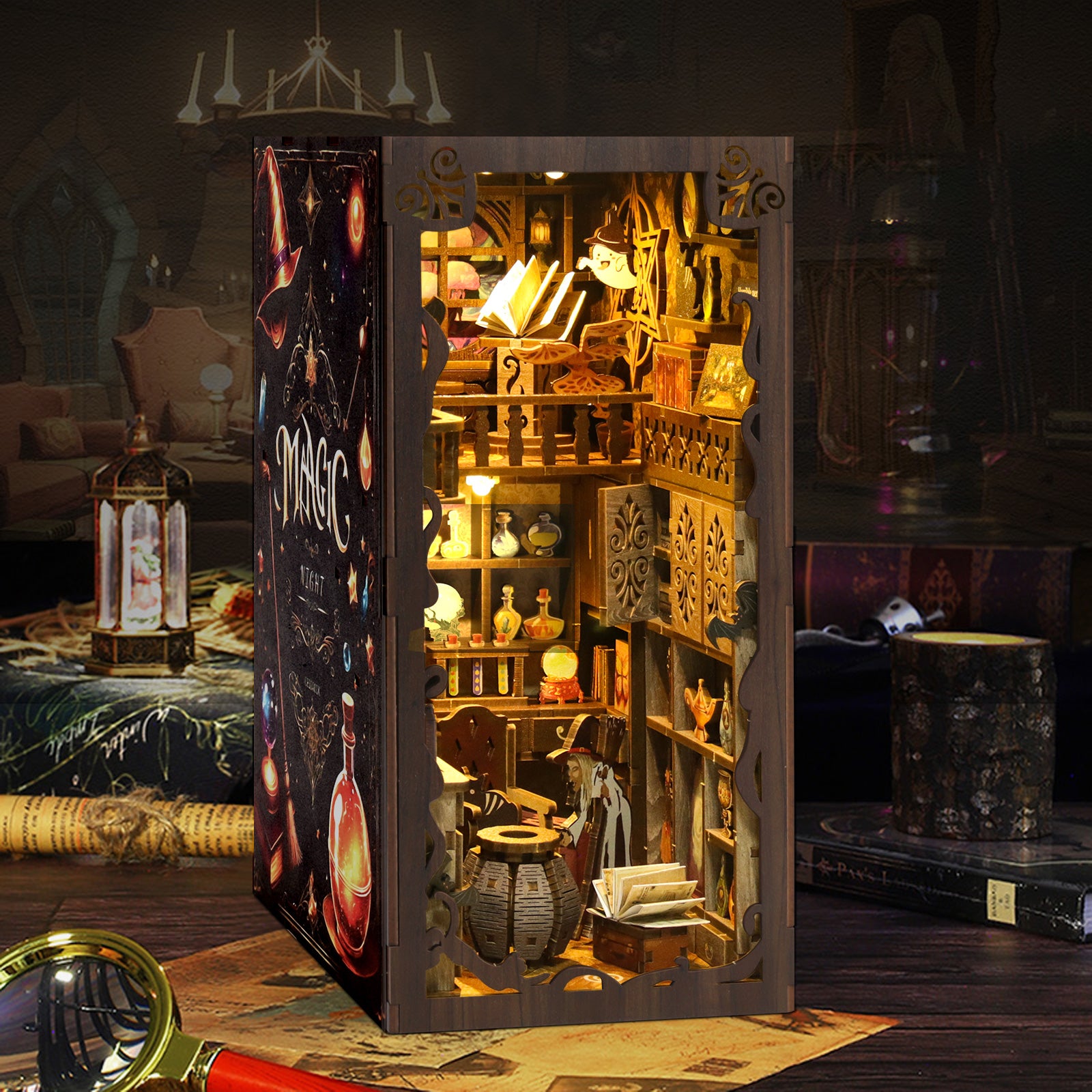 Illuminated Midnight Magic miniature apothecary with warm internal lighting