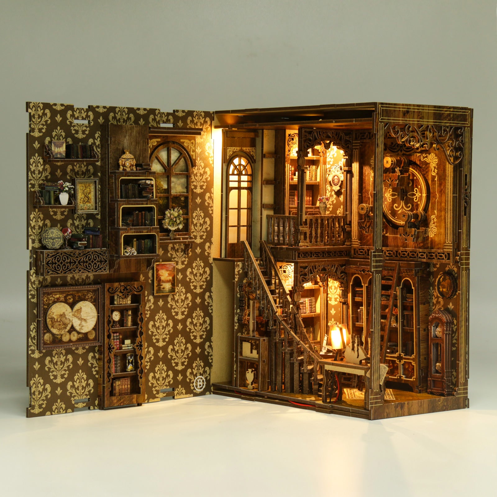 Two-story miniature antiquarian library with bookshelves balcony and arched windows