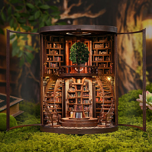 Wisdom Rings Library Book Nook Kit front view with central tree and curved staircases