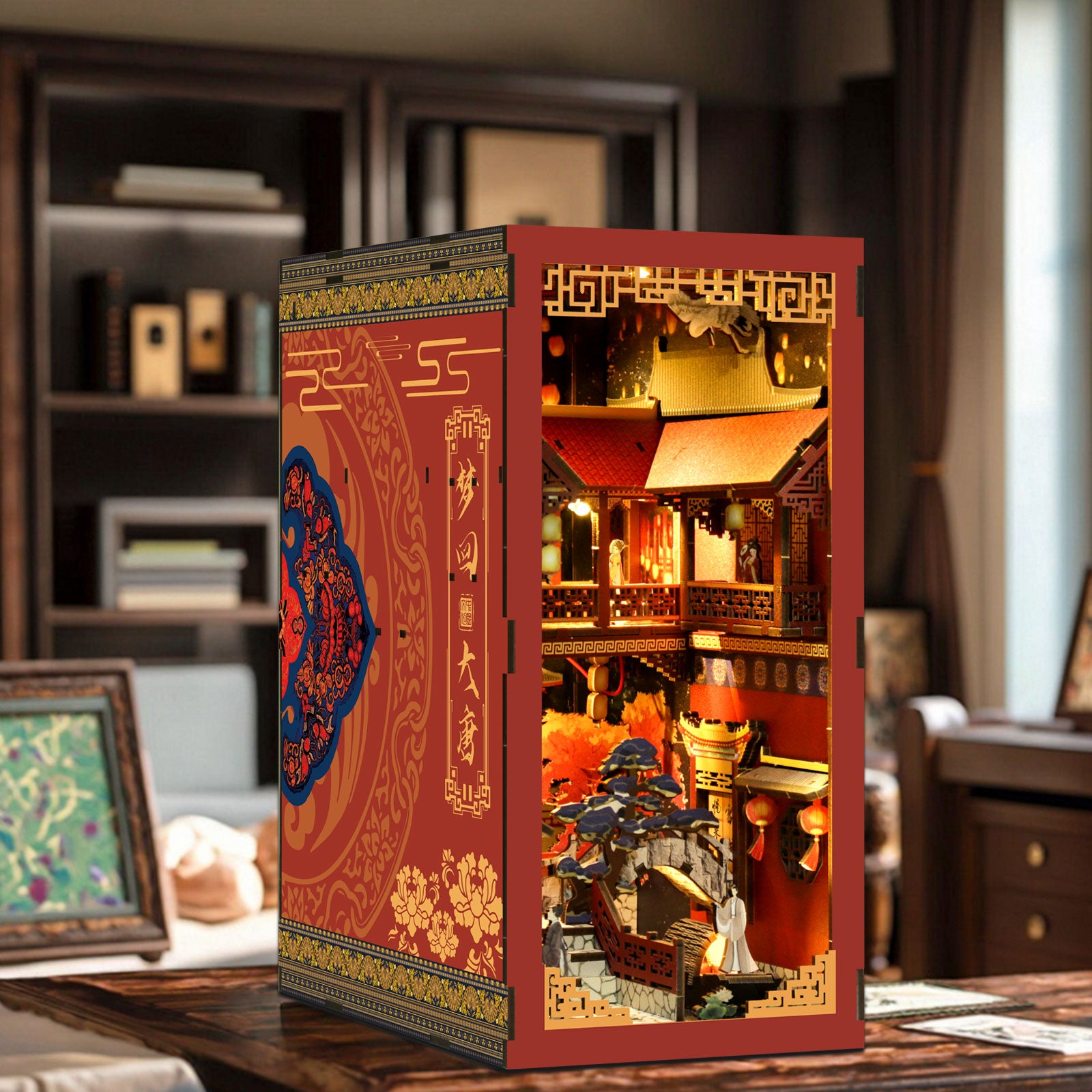 Dream of Chang'an Book Nook Kit displayed between books on a bookshelf