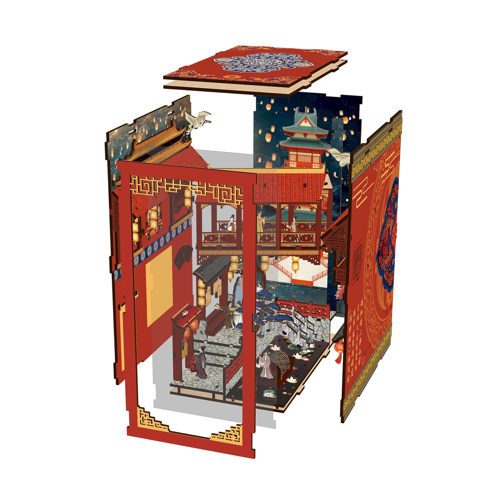 Tang Dynasty miniature pavilion with silk-robed figures and hanging lanterns