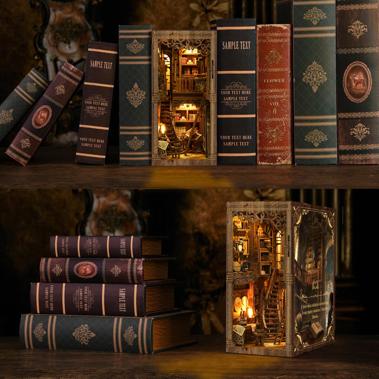 The Antiquarian Library Book Nook Kit displayed between books on a bookshelf